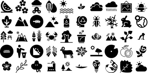 Big Collection Of Nature Icons Pack Solid Drawing Pictogram Blossom, Set, Cactus, Line Doodles Isolated On White Background