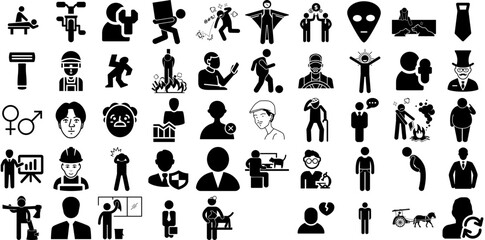Mega Collection Of Man Icons Set Hand-Drawn Linear Modern Pictogram Silhouette, Workwear, Profile, Carrying Element Isolated On Transparent Background