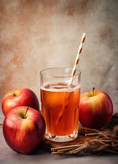 Apple juice in a glass and apples on light rustic background. Still life with apple juice. Generative AI