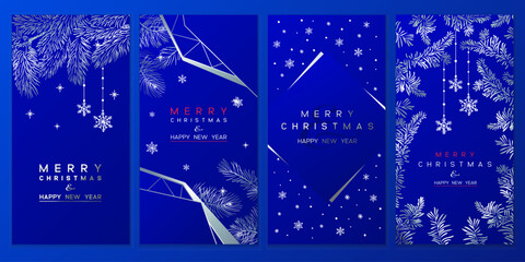 Christmas Poster set. Vector illustration of Christmas Background with branches of christmas tree and silver elements on blue.