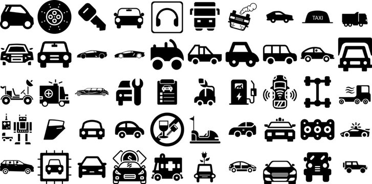 Mega Set Of Car Icons Bundle Linear Drawing Silhouette Laundered, Yacht, Slow, Mark Pictograms Vector Illustration
