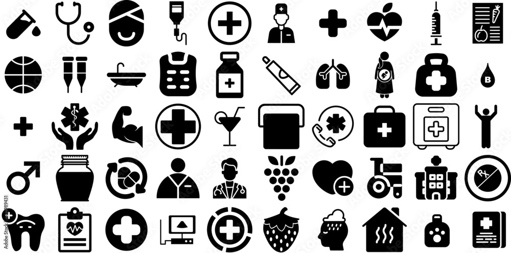 Wall mural Huge Set Of Health Icons Pack Isolated Simple Silhouette Patient, Silhouette, Set, Cardiac Buttons Vector Illustration