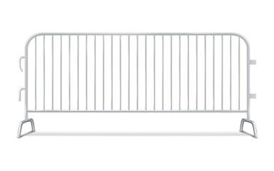 Metal interlocking barricade fence panel. Bike rack barricade. Steel crowd control barrier. Realistic vector illustration - 620989409