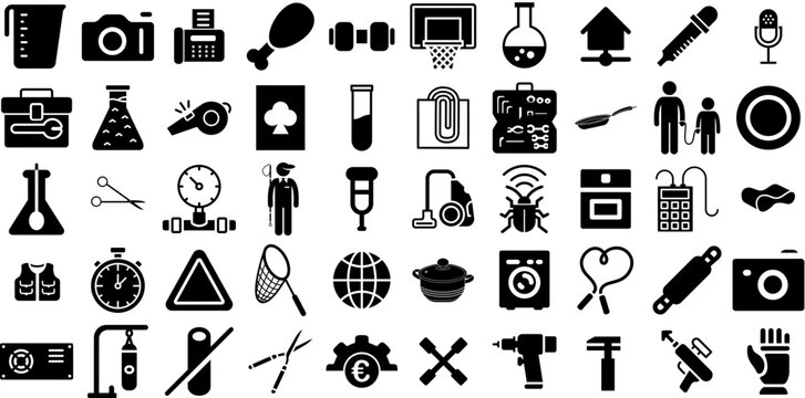 Massive Set Of Equipment Icons Pack Flat Drawing Silhouette Engineering, Health, Speaker, Tool Clip Art For Computer And Mobile