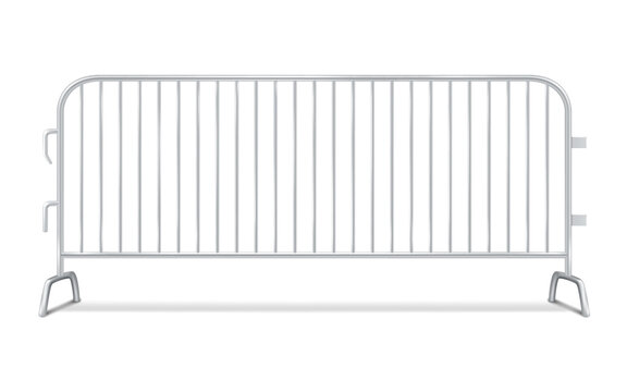 Metal interlocking barricade fence panel. Bike rack barricade. Steel crowd control barrier. Realistic vector illustration
