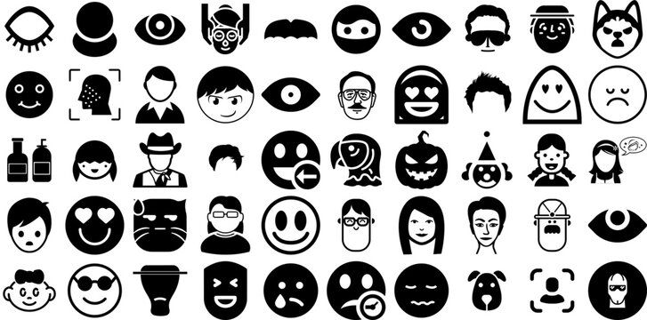 Mega Set Of Face Icons Set Hand-Drawn Linear Infographic Clip Art Silhouette, Laundered, Profile, Farm Animal Symbols Isolated On Transparent Background
