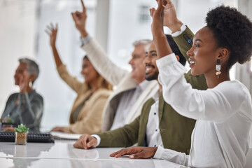 Meeting, workshop and questions with business people hands raised in the boardroom during a strategy session. Planning, seminar and a group of colleagues or employees volunteering to answer at work