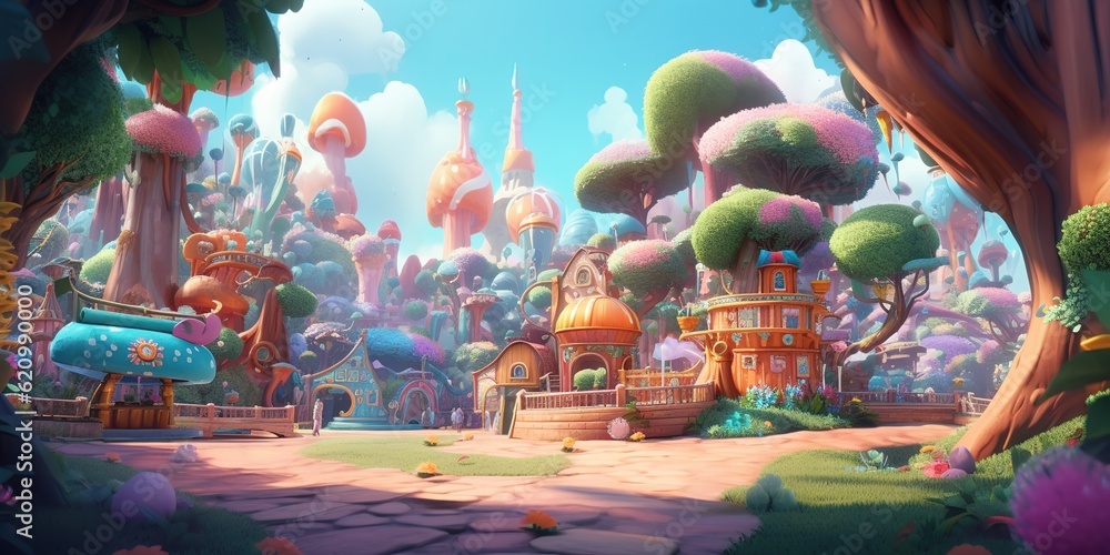 Aufkleber an image from a cartoon showing a town that is encircled by trees