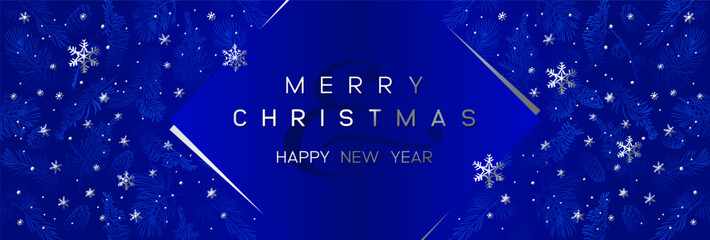 Christmas Poster with silver pine branches on dark blue background. New year illustration. Winter design. - 620990016