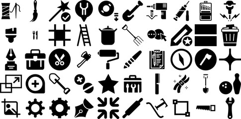 Big Set Of Tool Icons Bundle Hand-Drawn Linear Vector Pictograms Trimming, Set, Engineering, Tool Signs For Computer And Mobile