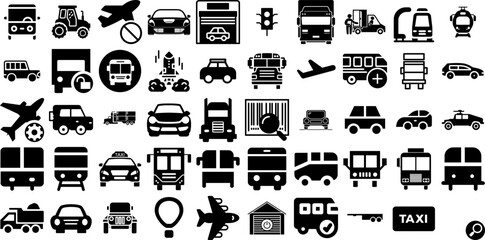 Huge Set Of Transport Icons Pack Solid Design Silhouette Ship, Garden, Symbol, Icon Graphic Vector Illustration
