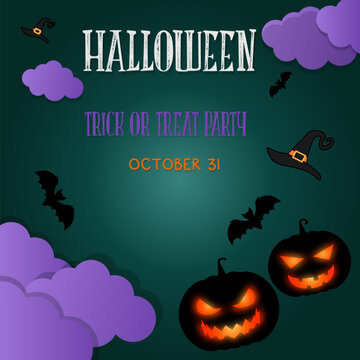 Happy Halloween banner . Halloween party invitation background with clouds, hats, bats and pumpkins dark green background