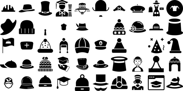 Massive Set Of Hat Icons Set Flat Drawing Silhouettes Icon, Birthday, Toque, Contractor Symbols Vector Illustration