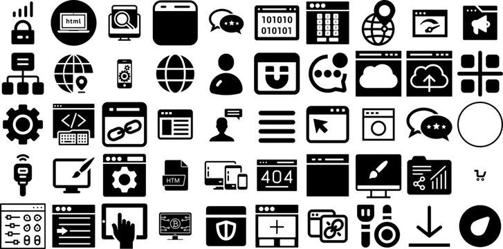 Massive Set Of Website Icons Collection Black Design Glyphs Browser, Line, Set, App Pictogram For Apps And Websites