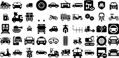 Big Collection Of Vehicle Icons Set Hand-Drawn Linear Design Clip Art Wheel, Coin, Icon, Holiday Maker Pictograms Isolated On White Background