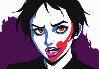 Zombie woman portrait on a grunge background in pop art comic style. Generative AI.