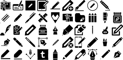 Mega Collection Of Pen Icons Pack Flat Drawing Pictograms Tablet, Cosmetic, Icon, Silhouette Signs Isolated On Transparent Background