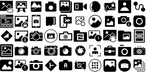 Huge Collection Of Picture Icons Collection Isolated Infographic Web Icon Symbol, Icon, Photo Camera, Music Glyphs Isolated On Transparent Background