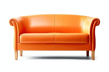 A two-seat orange leather couch with wooden legs is set off against a white background. as a result of Without regard to context