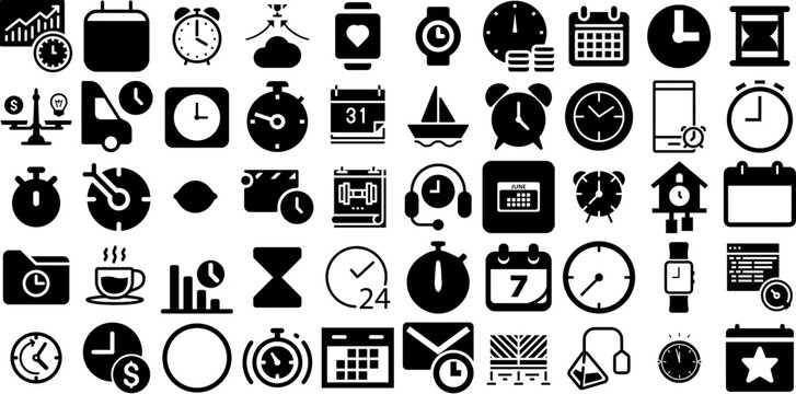 Big Set Of Time Icons Set Hand-Drawn Solid Infographic Silhouette Set, Patient, Finance, Rapid Buttons Isolated On Transparent Background
