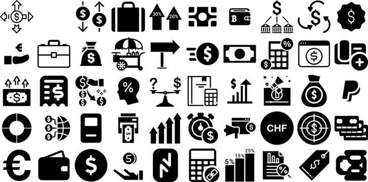 Massive Collection Of Finance Icons Pack Hand-Drawn Solid Modern Clip Art Coin, Court, Giving, Finance Silhouettes Isolated On Transparent Background