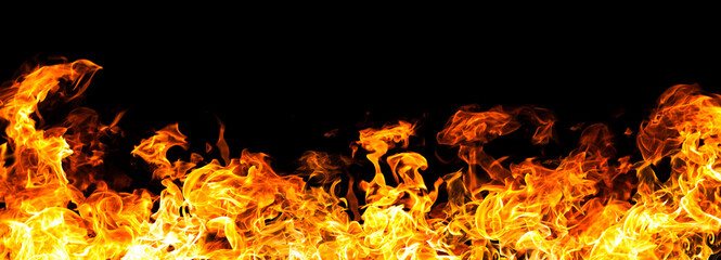 The  biggest fire flames of realistic burning on black background. For art work design, banner or...