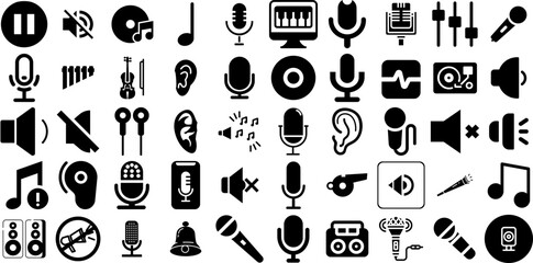 Big Set Of Sound Icons Bundle Black Infographic Silhouettes Speaker, Icon, Glyphs, Symbol Element Isolated On White