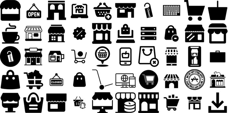 Big Collection Of Store Icons Pack Hand-Drawn Black Drawing Symbols Thin, Icon, Silhouette, Symbol Symbols Isolated On Transparent Background