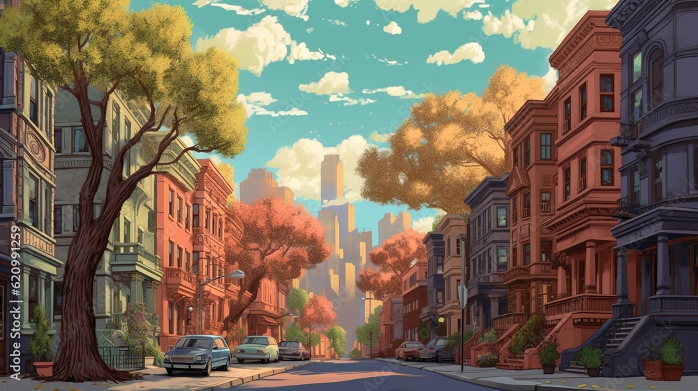 Poster a picture of a city boulevard that is flanked on both sides by lofty structures