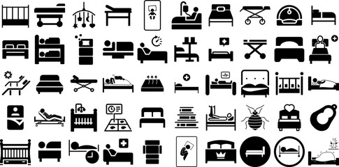 Big Set Of Bed Icons Set Linear Infographic Silhouettes Linen, Set, Icon, Hospital Pictograms Isolated On Transparent Background