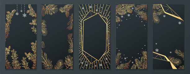 Christmas Poster set. Vector illustration of Christmas Background with branches of christmas tree and golden elements.