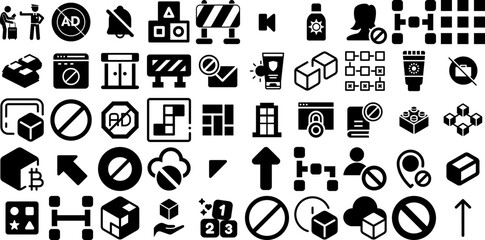 Mega Set Of Block Icons Collection Flat Cartoon Symbols Construction, Cross Out, Icon, Circle Silhouettes Vector Illustration - obrazy, fototapety, plakaty