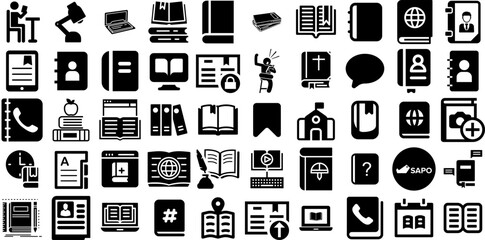 Massive Set Of Book Icons Set Black Drawing Symbol Pointer, Find, Set, Draw Silhouettes For Computer And Mobile