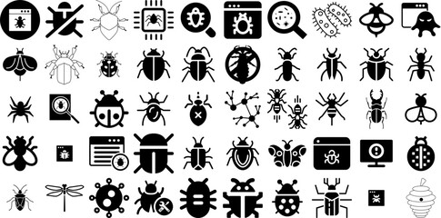 Massive Set Of Bug Icons Collection Isolated Vector Elements Microorganism, Bug, Threat, Icon Logotype For Apps And Websites