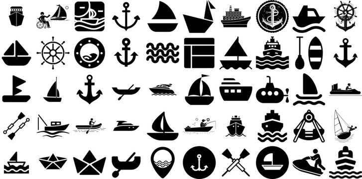Big Collection Of Boat Icons Pack Hand-Drawn Solid Design Elements Wrapping, Silhouette, Icon, Yacht Pictograms Isolated On White Background