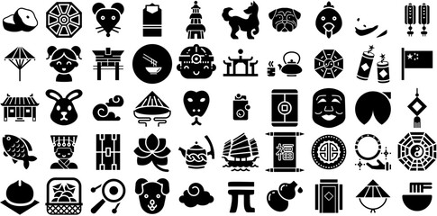 Big Collection Of Chinese Icons Set Linear Cartoon Clip Art Circle, Icon, Bowl, Circus Clip Art Isolated On Transparent Background