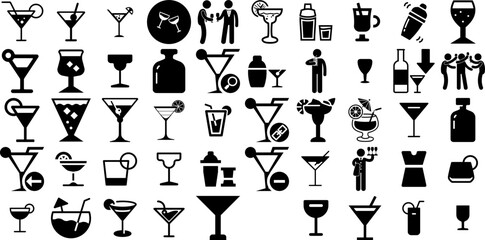 Mega Set Of Cocktail Icons Set Hand-Drawn Black Drawing Elements Cocktail, Ales, Icon, Wine Clip Art Vector Illustration - obrazy, fototapety, plakaty