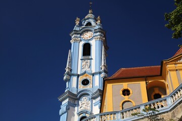 Durnstein, small town in Austria region Wachau. Durnstein Monastery (German: Stift Durnstein). Baroque church.