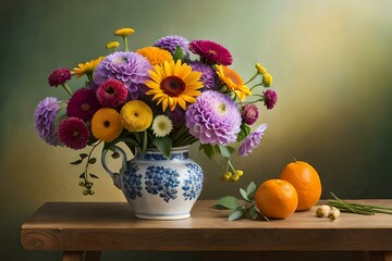 still life with flowers and fruits Generated Ai