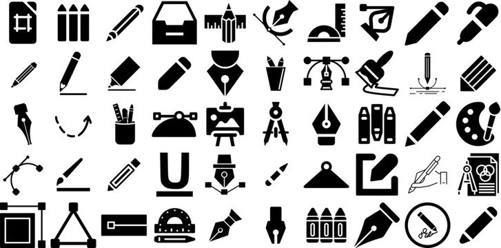 Mega Collection Of Draw Icons Collection Solid Cartoon Symbols Imagination, Engineer, Tool, Icon Pictogram Vector Illustration