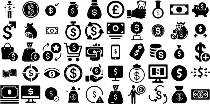 Huge Collection Of Dollar Icons Set Hand-Drawn Isolated Modern Pictogram Finance, Cheap, Coin, Icon Signs Vector Illustration