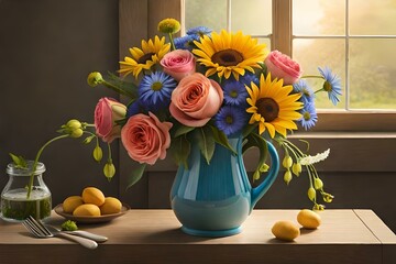 still life with sunflowers and fruits Generated Ai