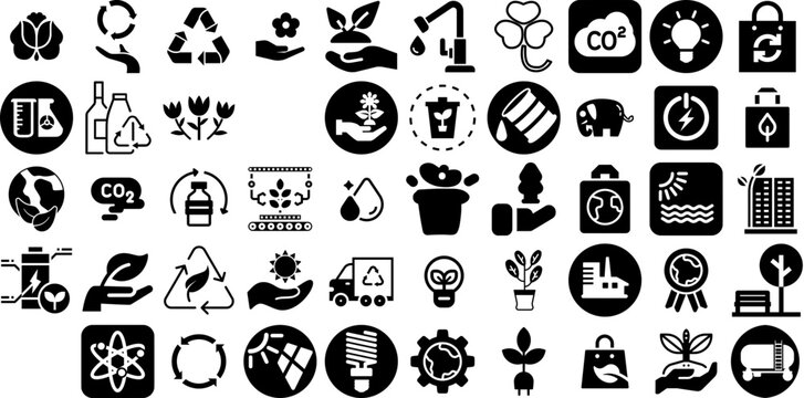 Huge Collection Of Environment Icons Bundle Solid Drawing Silhouettes Plant, Trash, Icon, Symbol Silhouette For Computer And Mobile