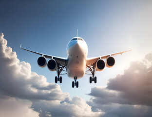 Naklejka premium Airplane flying in sky. Jet plane fly in clouds, airplanes travel and vacation aircraft. Flight plane, airplane trip to airport or airline transportation. illustration style.