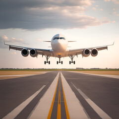 Landing of a commercial aircraft on an airport runway with beautiful afternoon skies. Passenger airplane landing at in good clear weather  on a runway