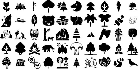 Massive Collection Of Forest Icons Bundle Isolated Drawing Elements Garden, Icon, Grove, Silhouette Graphic For Apps And Websites