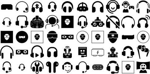 Big Set Of Headset Icons Bundle Solid Vector Web Icon Music, Hot Line, Silhouette, Icon Doodles Vector Illustration