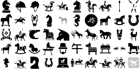 Mega Set Of Horse Icons Pack Hand-Drawn Solid Design Pictogram Icon, Silhouette, Head, Safari Illustration Isolated On White Background - obrazy, fototapety, plakaty