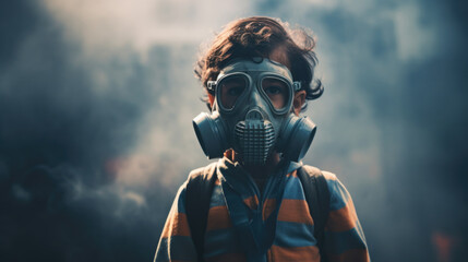 A child wears a gas mask against a backdrop of smoke, highlighting the issue of air pollution and its impact on future generations. AI generated