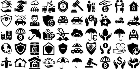 Huge Collection Of Insurance Icons Pack Hand-Drawn Solid Cartoon Pictograms Icon, Health, Finance, Umbrella Doodle Isolated On Transparent Background